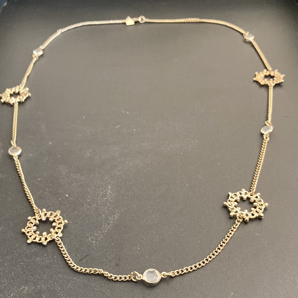 Banana Republic gold toned long necklace w/ rhinestone & cut glass accents